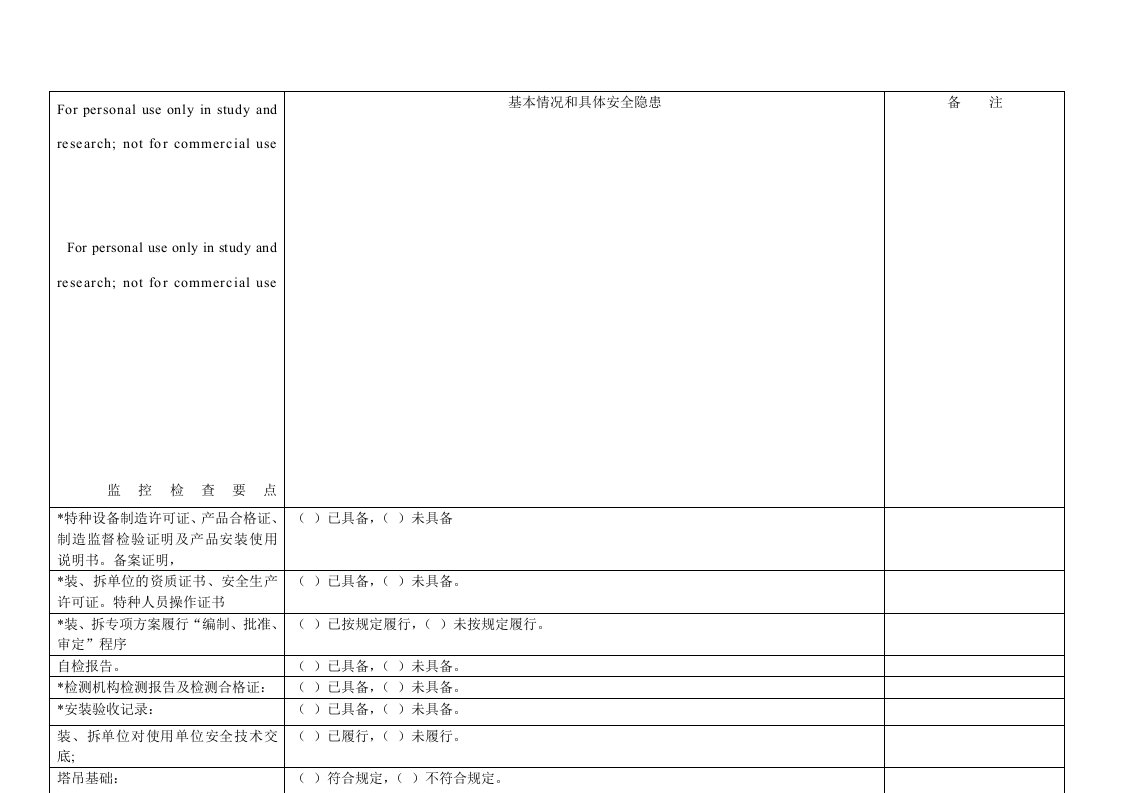 塔吊安全隐患排查记录表