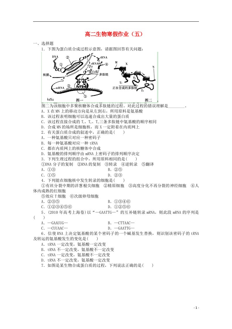 高二生物寒假作业（五）