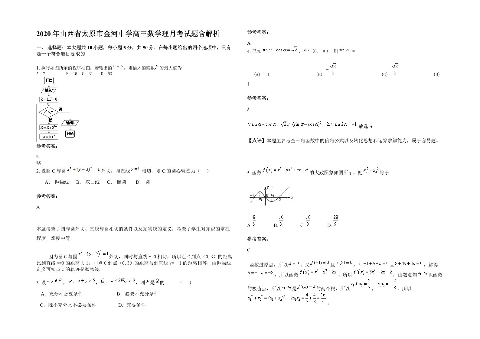 2020年山西省太原市金河中学高三数学理月考试题含解析