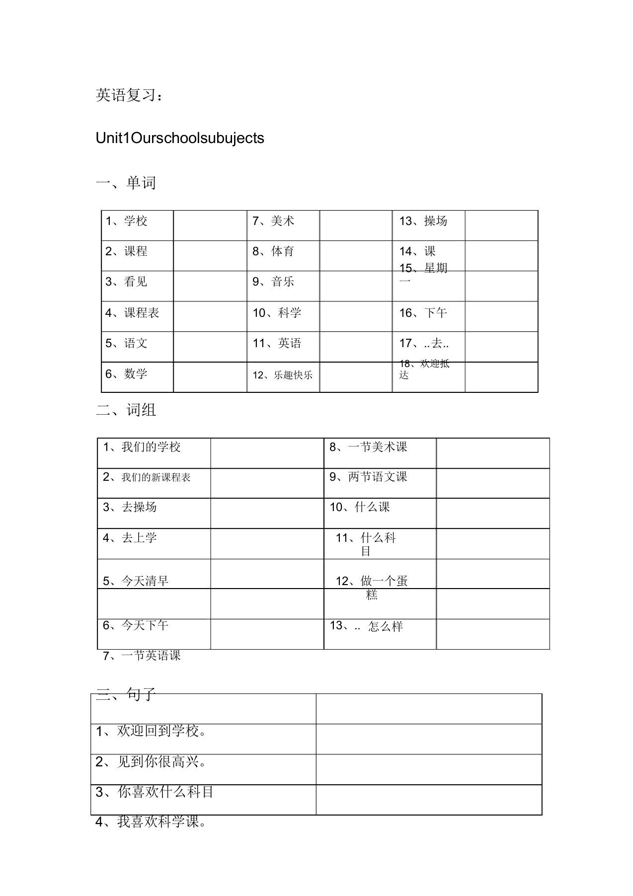 苏教版四年级下英语单词词组句子总复习