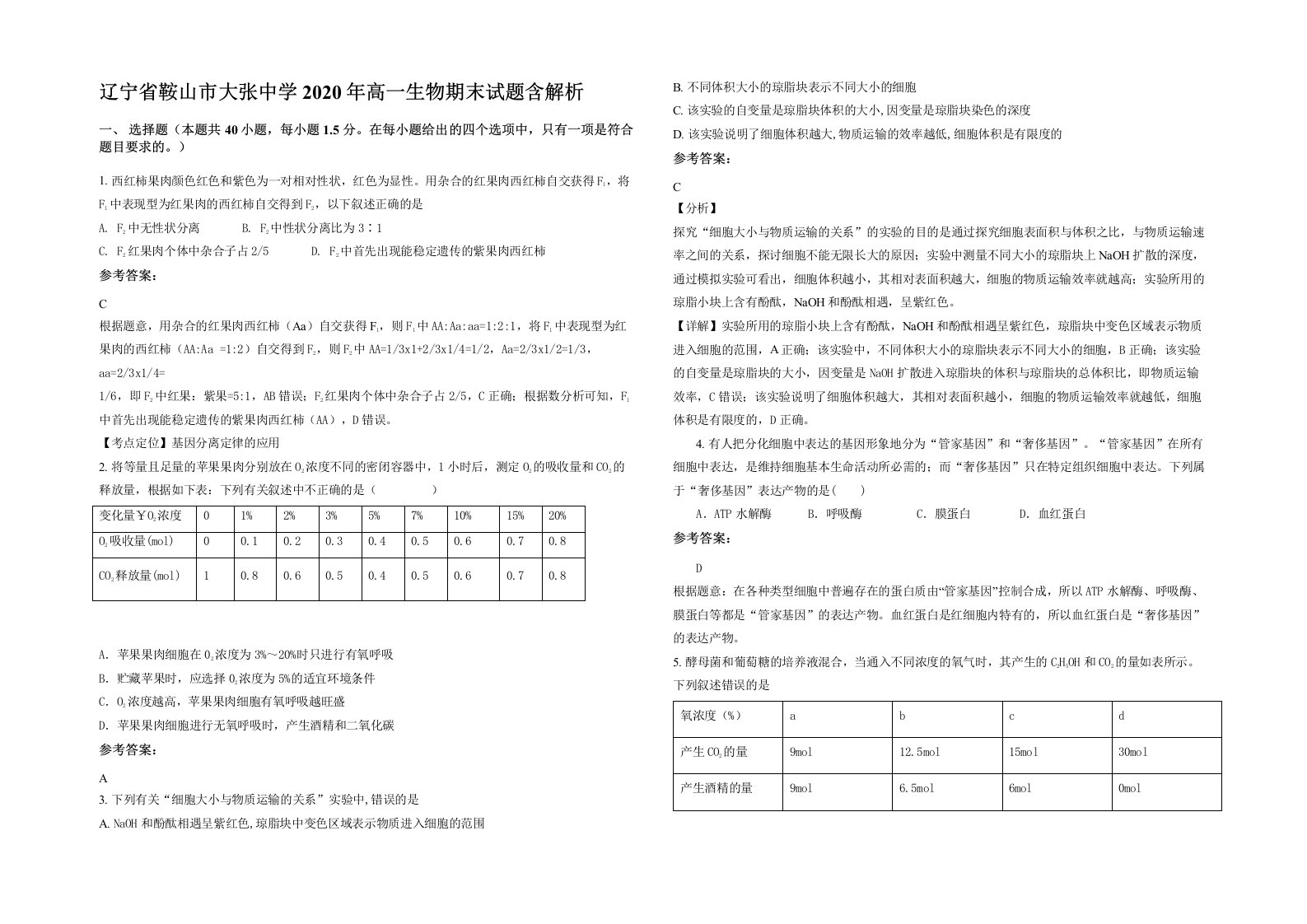 辽宁省鞍山市大张中学2020年高一生物期末试题含解析