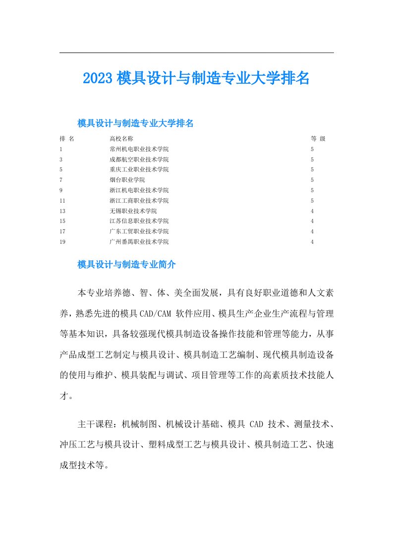 模具设计与制造专业大学排名