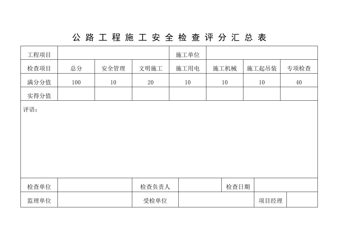 公路工程施工安全检查评分汇总表