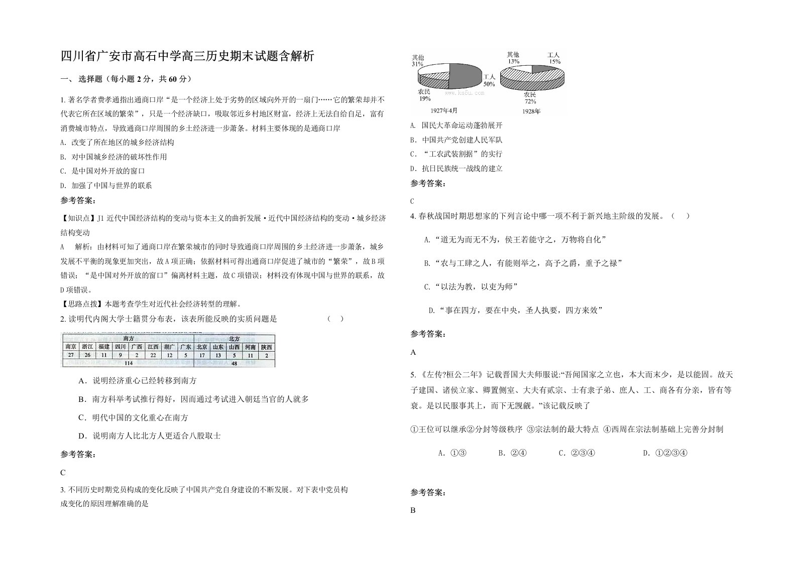 四川省广安市高石中学高三历史期末试题含解析