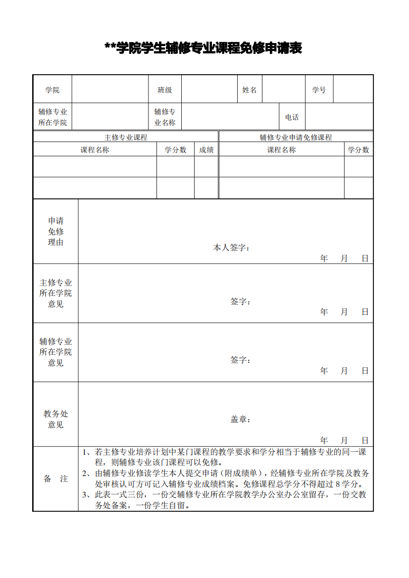 上海电机学院学生辅修专业课程免修申请表【模板】