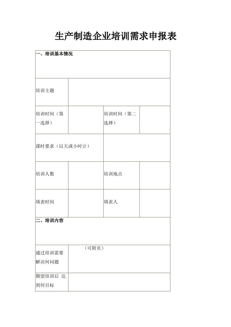 生产制造企业培训需求申报表