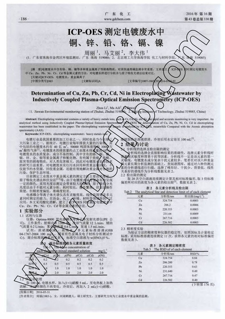 ICP-OES测定电镀废水中铜、锌、铅、铬、镉、镍