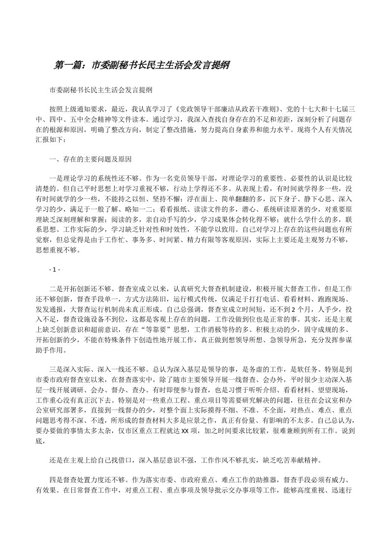 市委副秘书长民主生活会发言提纲[修改版]