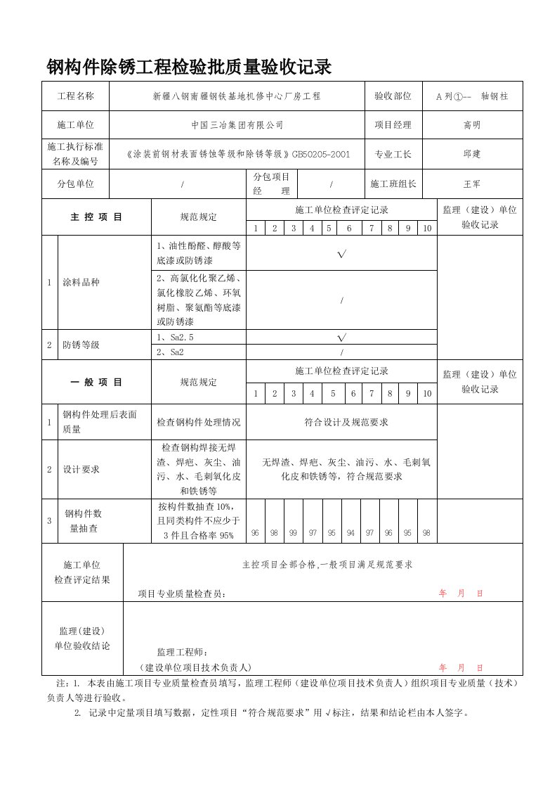 钢构件除锈工程考验批质量验收记录