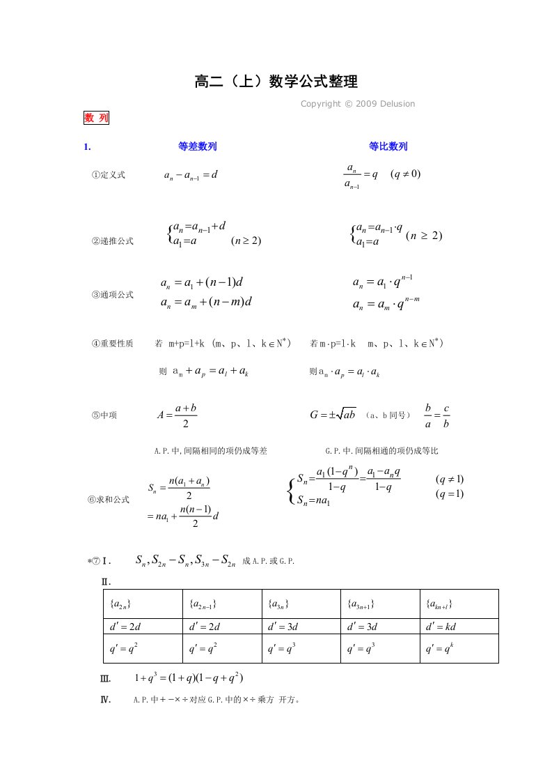 高二(上)数学公式整理