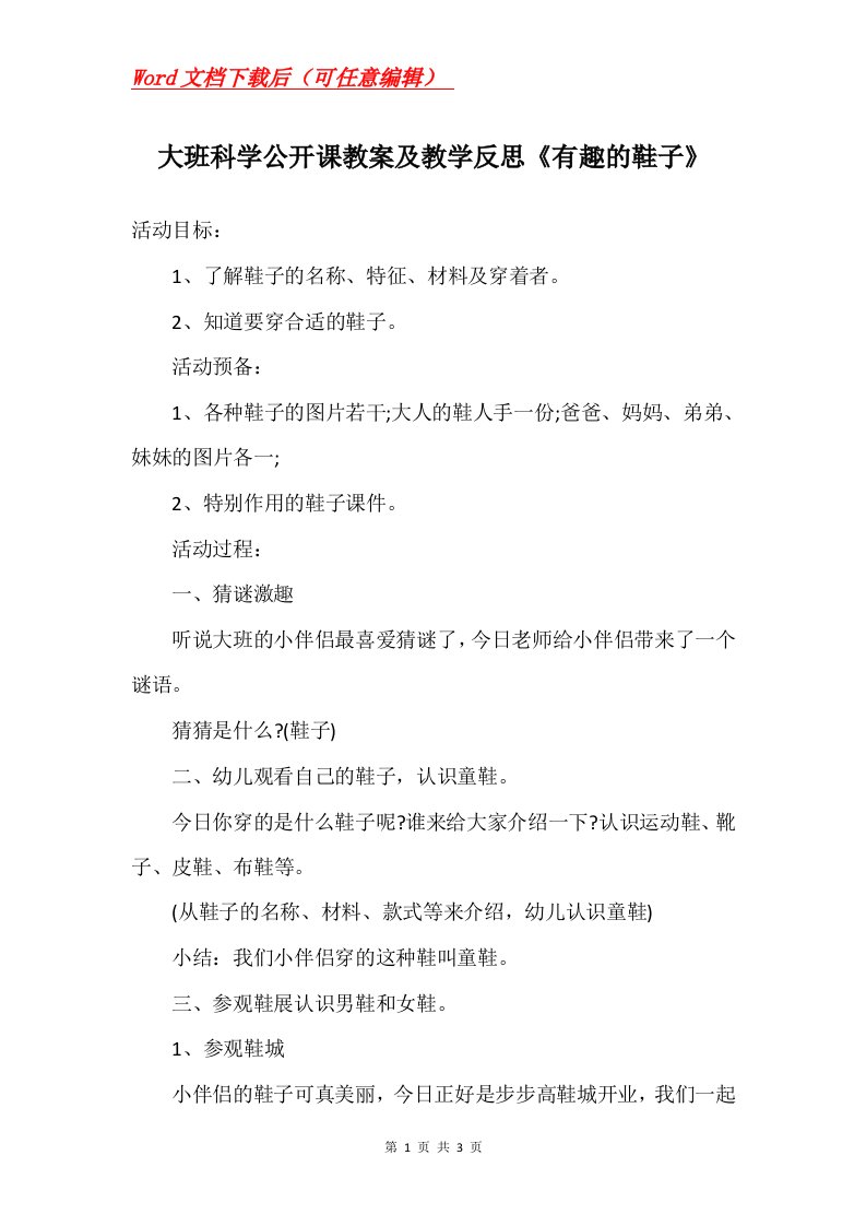 大班科学公开课教案及教学反思有趣的鞋子