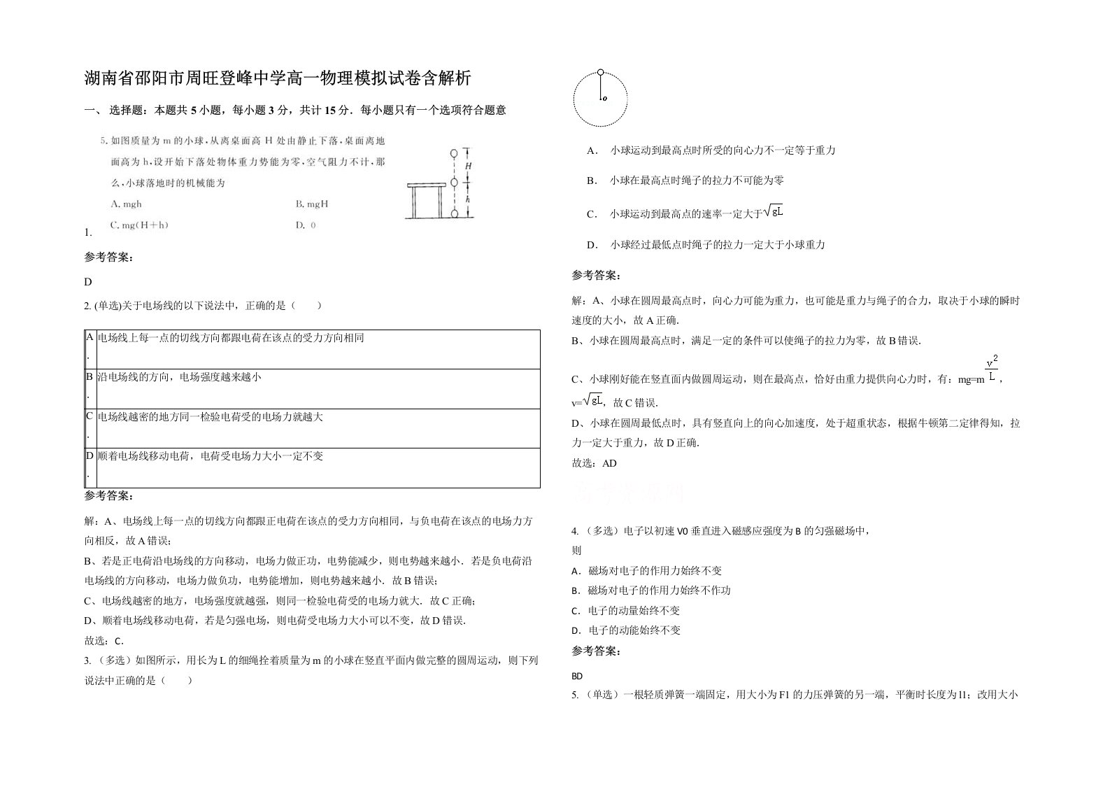 湖南省邵阳市周旺登峰中学高一物理模拟试卷含解析