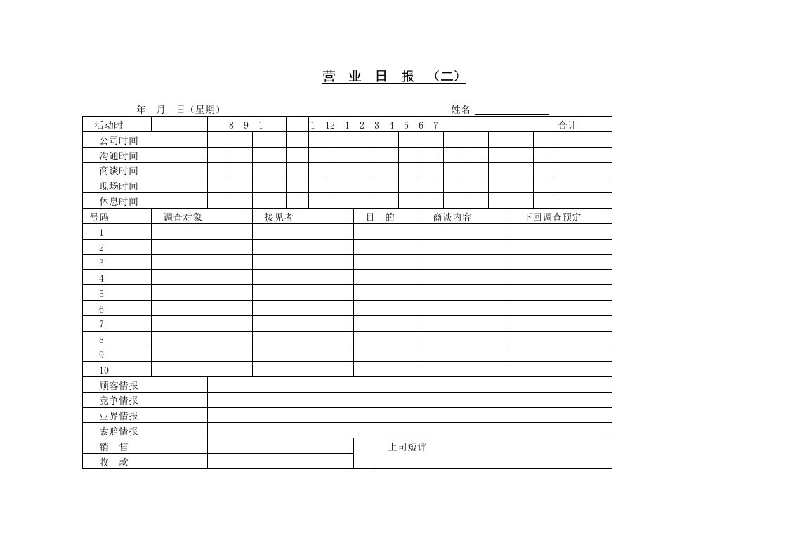 营业日报表及目标管理表格7