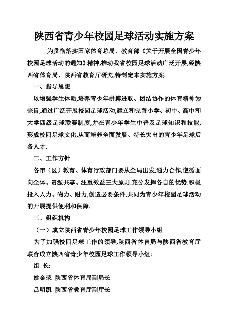 陕西省青少年校园足球活动实施方案