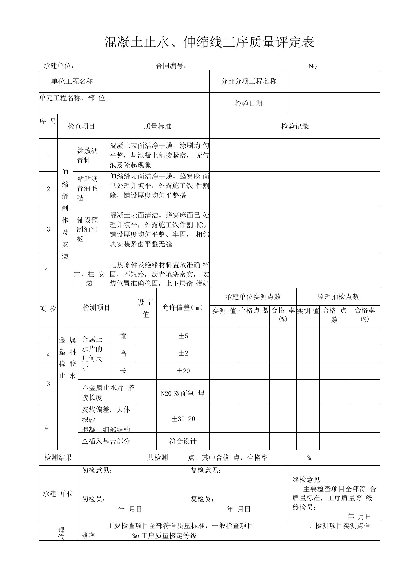 成都某路桥公司施工文档之混凝土止水、伸缩缝工序质量评定表.doc