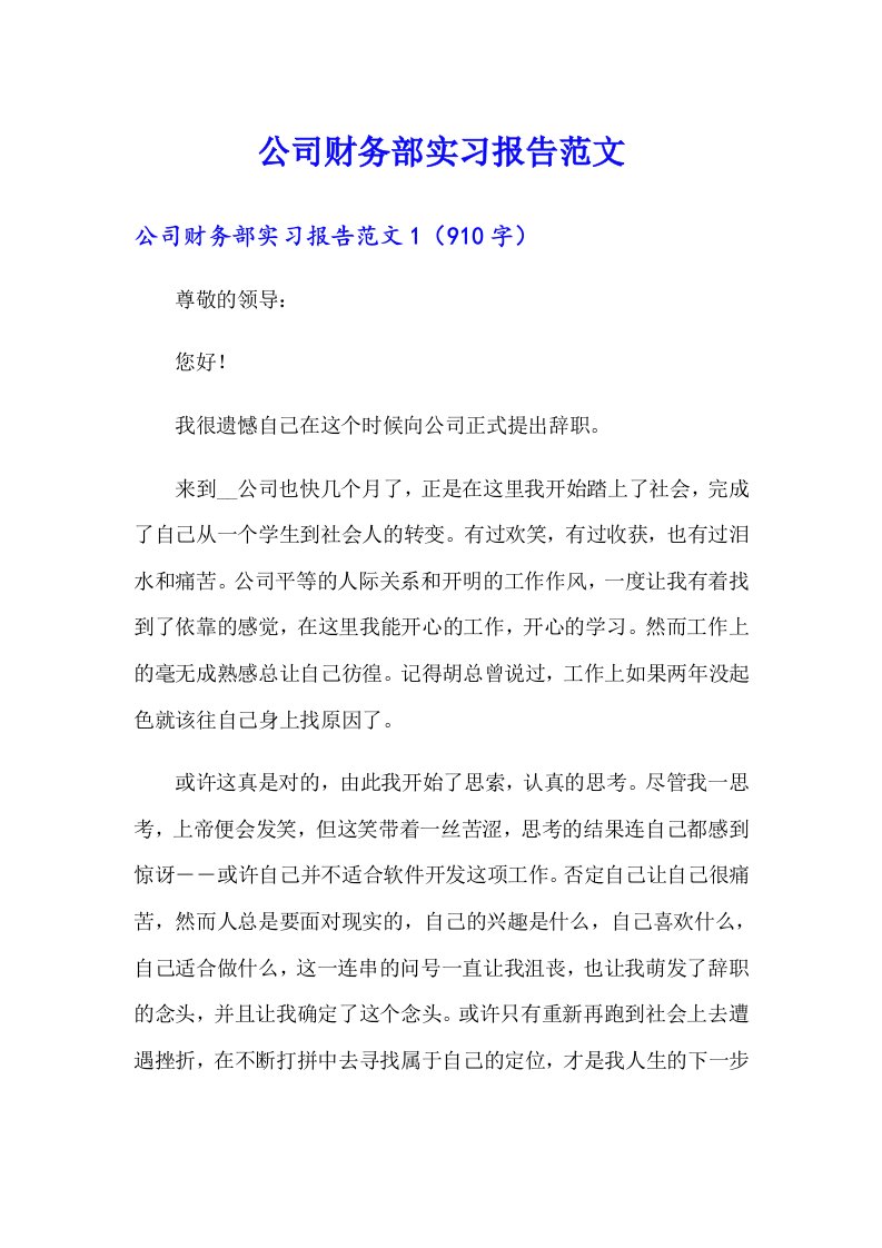 公司财务部实习报告范文