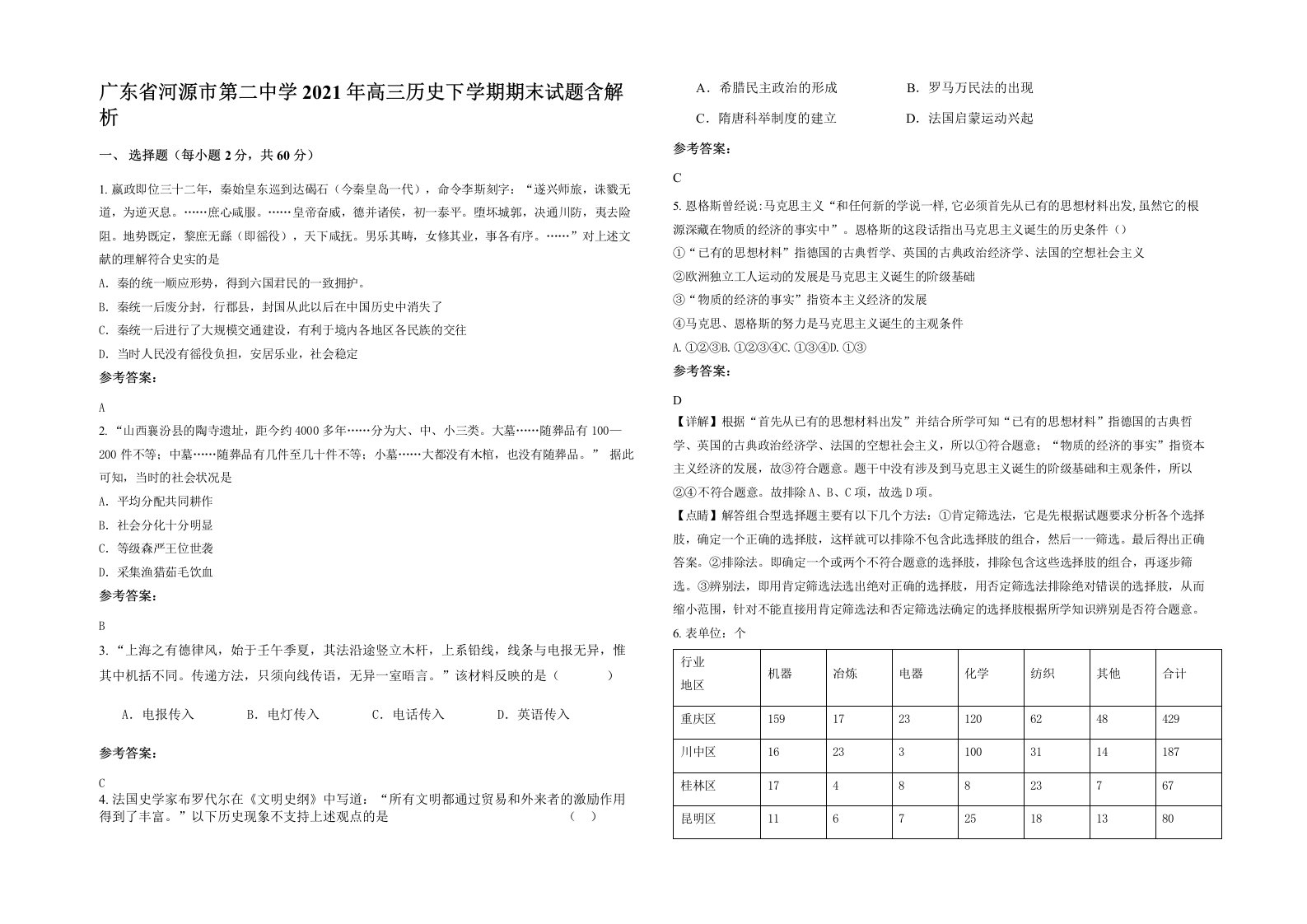 广东省河源市第二中学2021年高三历史下学期期末试题含解析