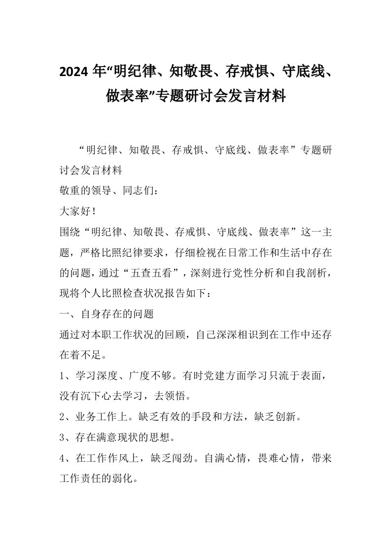 2024年“明纪律、知敬畏、存戒惧、守底线、做表率”专题研讨会发言材料