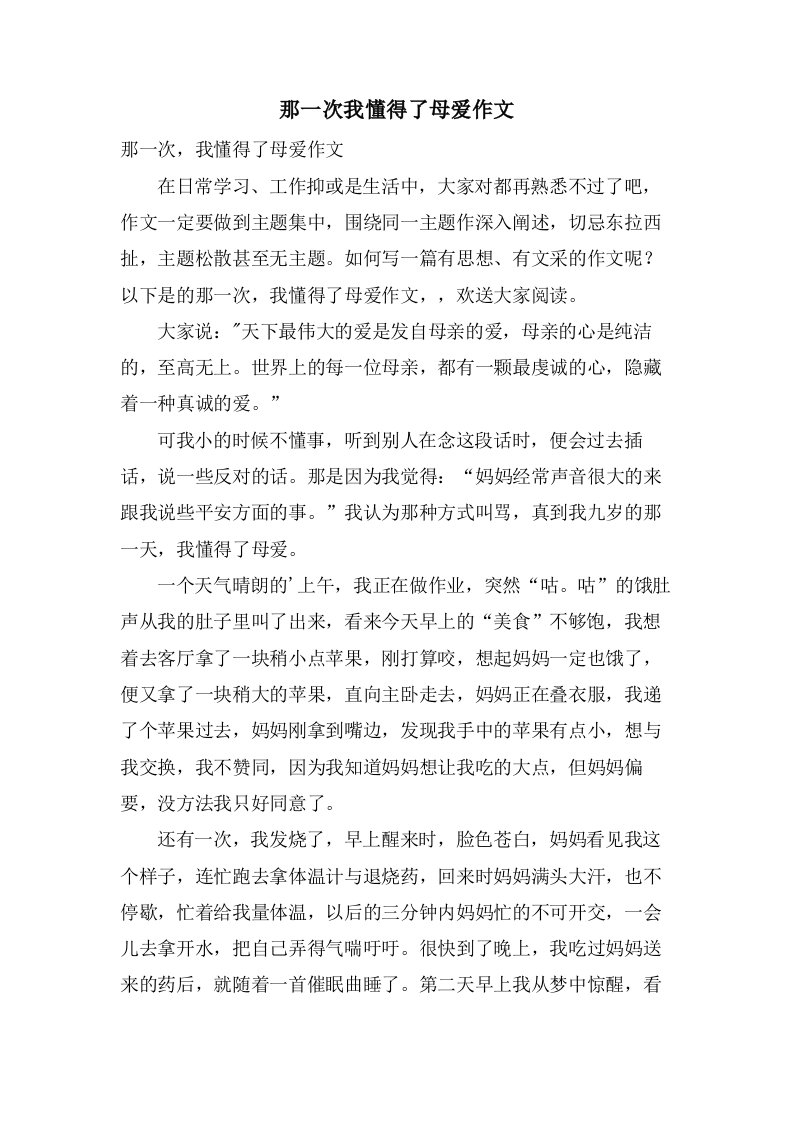 那一次我懂得了母爱作文