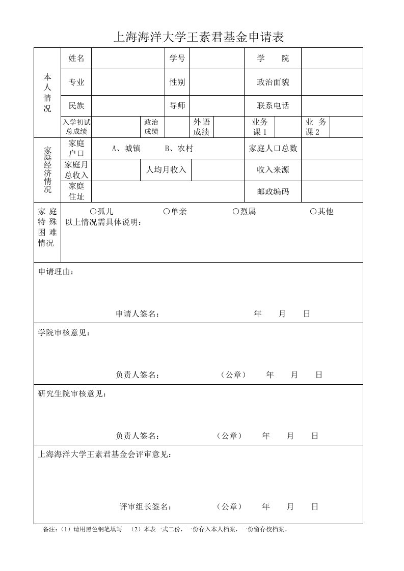 上海海洋大学王素君基金申请表