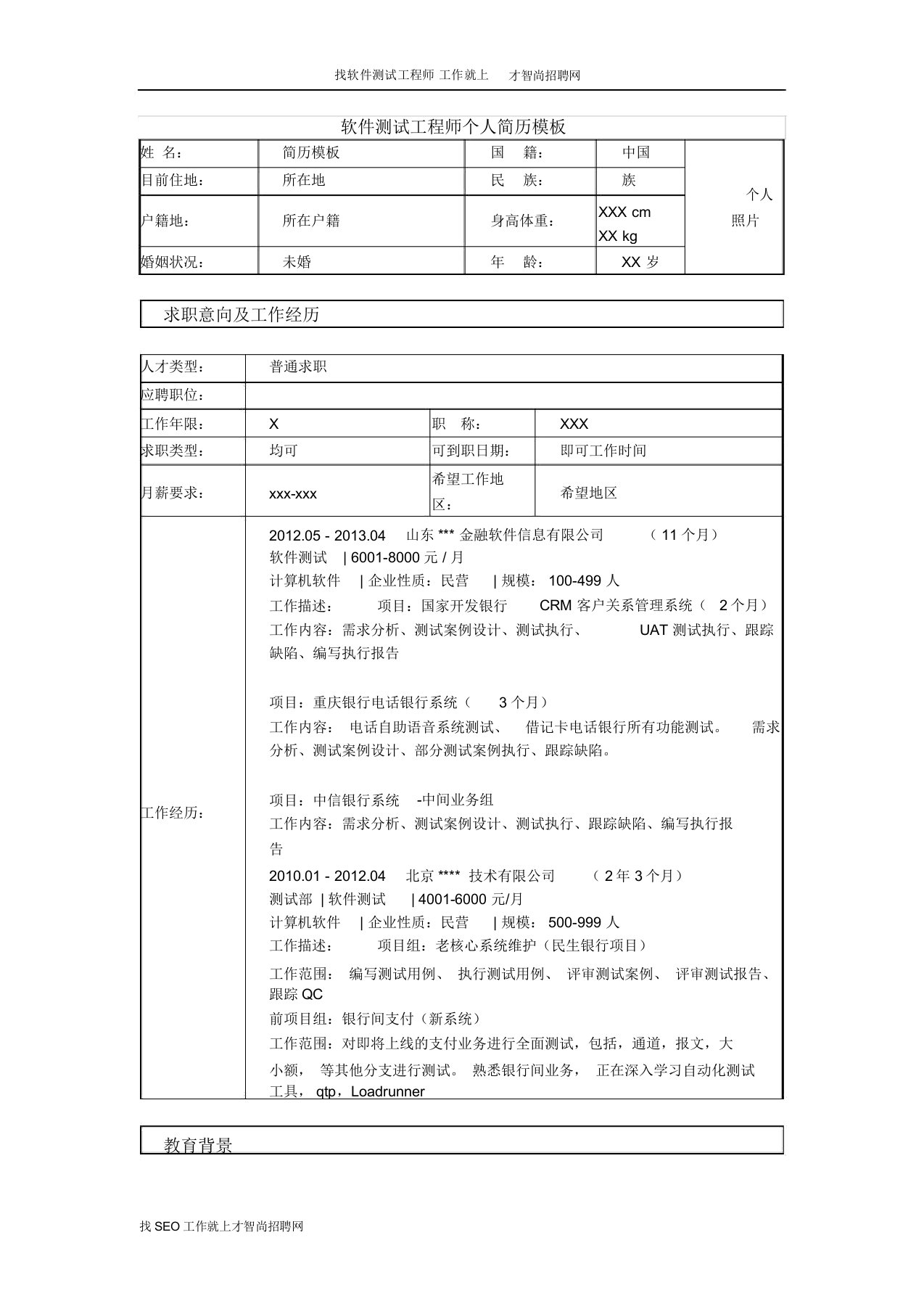 最新软件测试工程师个人简历模板