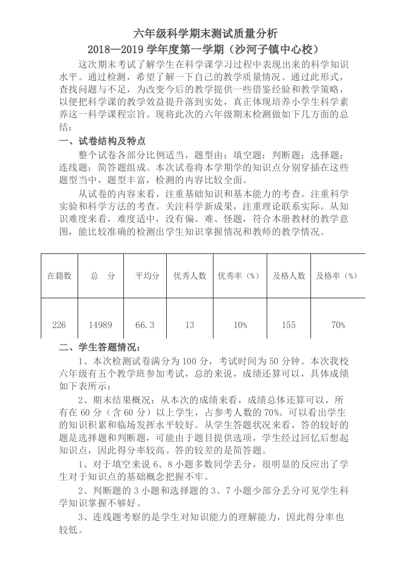 沙河子镇六年级科学质量分析