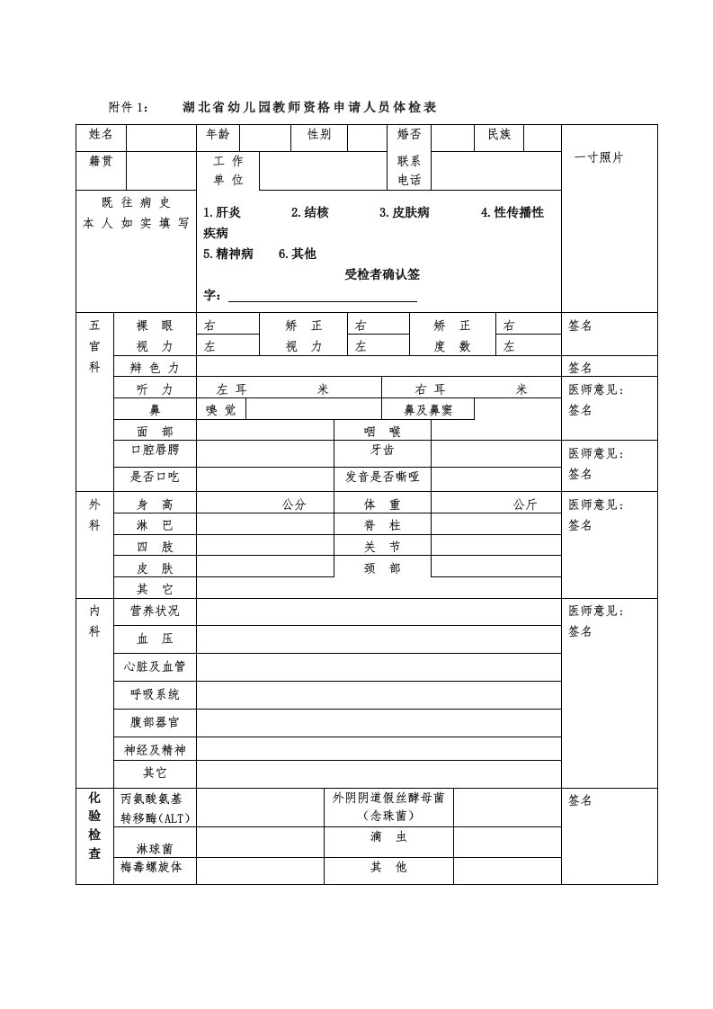 附件1湖北幼儿园教师资格申请人员体检表