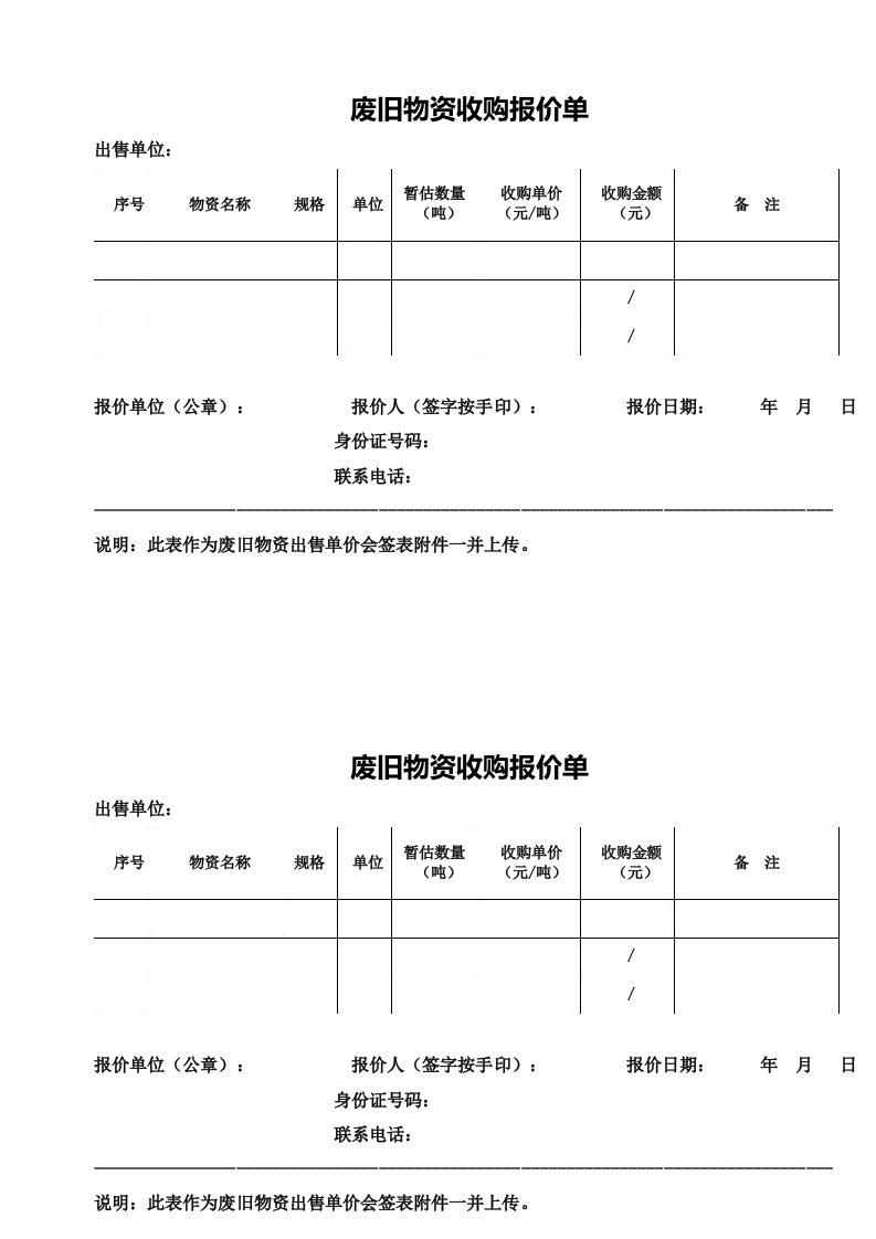 废旧物资收购报价单