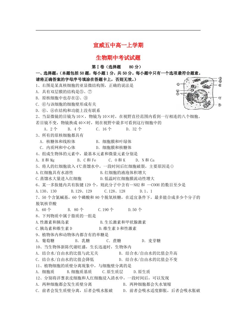 云南省宣威五中高一生物上学期期中考试试题新人教版【会员独享】