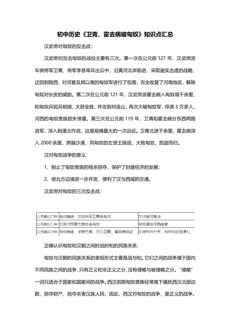 初中历史卫青霍去病破匈奴知识点汇总