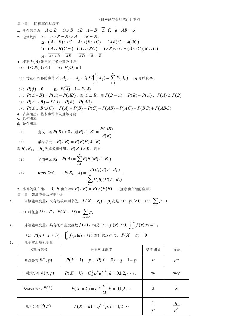 概率论与数理统计期末重点