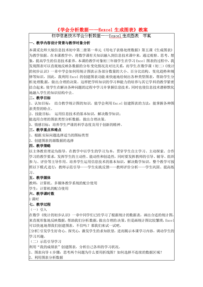 江苏省常州市西夏墅中学初中信息技术《学会分析数据——Eexcel生成图表》教案新人教版