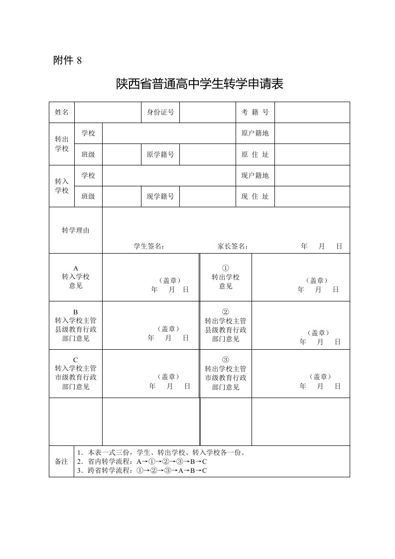 陕西省普通高中学生转学申请表