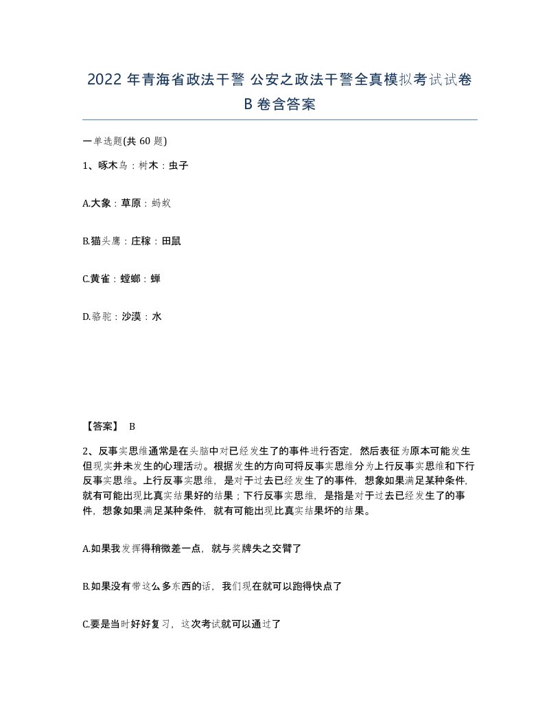 2022年青海省政法干警公安之政法干警全真模拟考试试卷B卷含答案