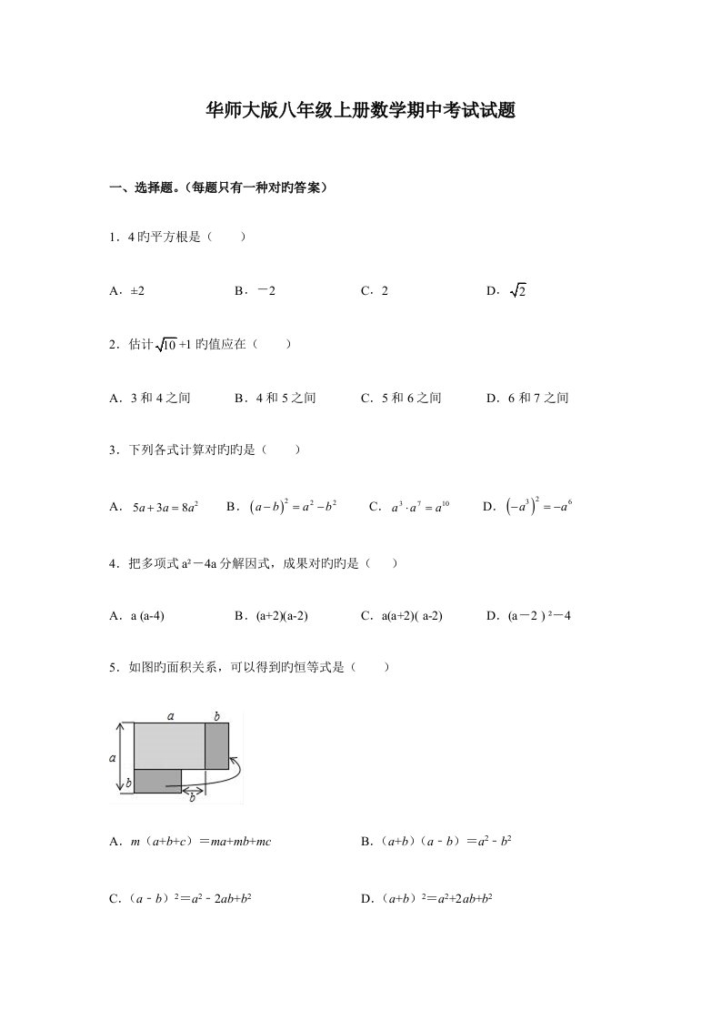 华师大版八年级上册数学期中考试试卷及答案