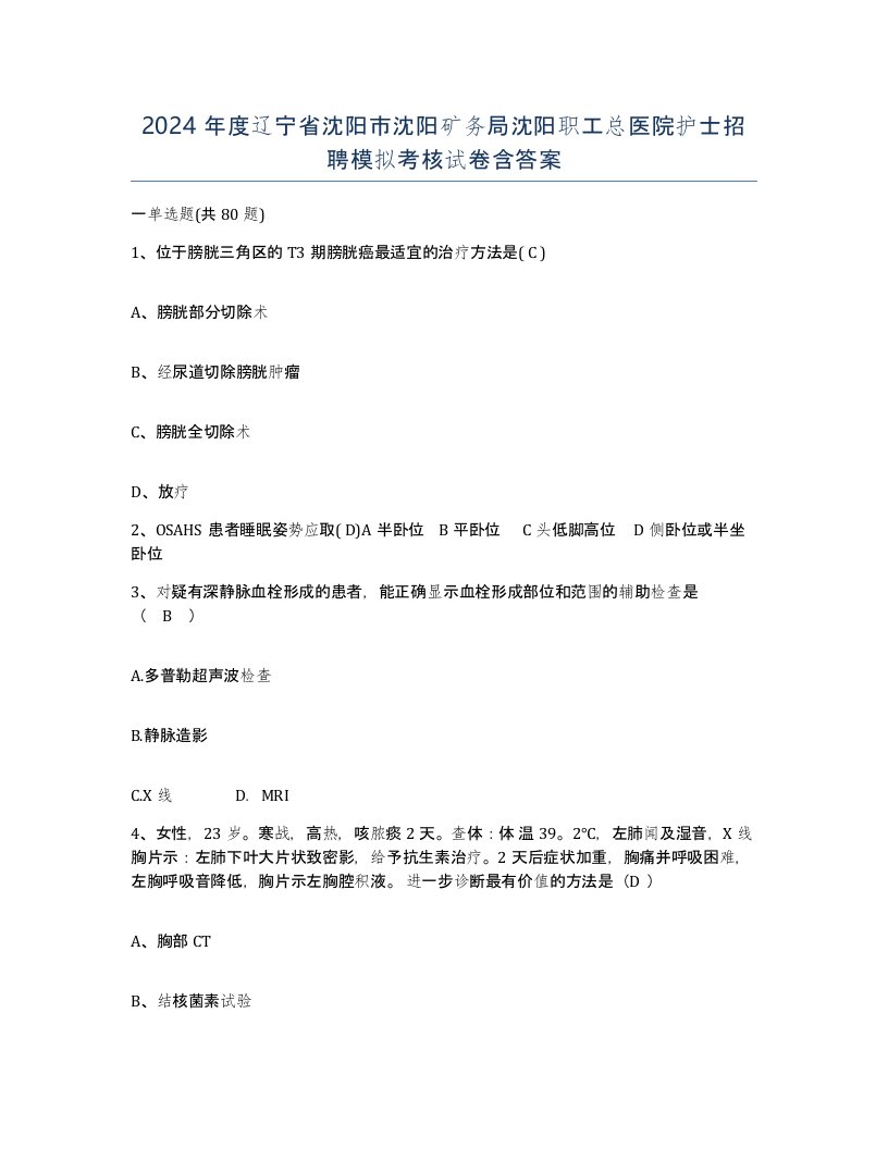 2024年度辽宁省沈阳市沈阳矿务局沈阳职工总医院护士招聘模拟考核试卷含答案