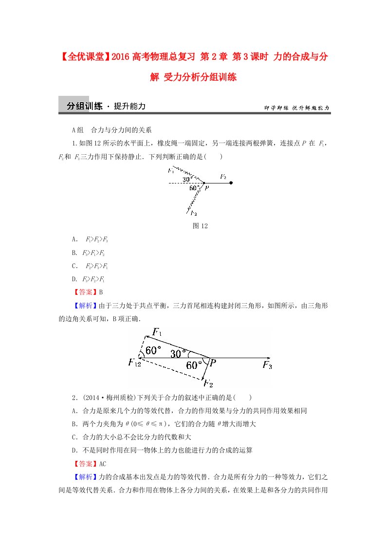 2016高考物理总复习第2章第3课时力的合成与分解受力分析分组训练含解析