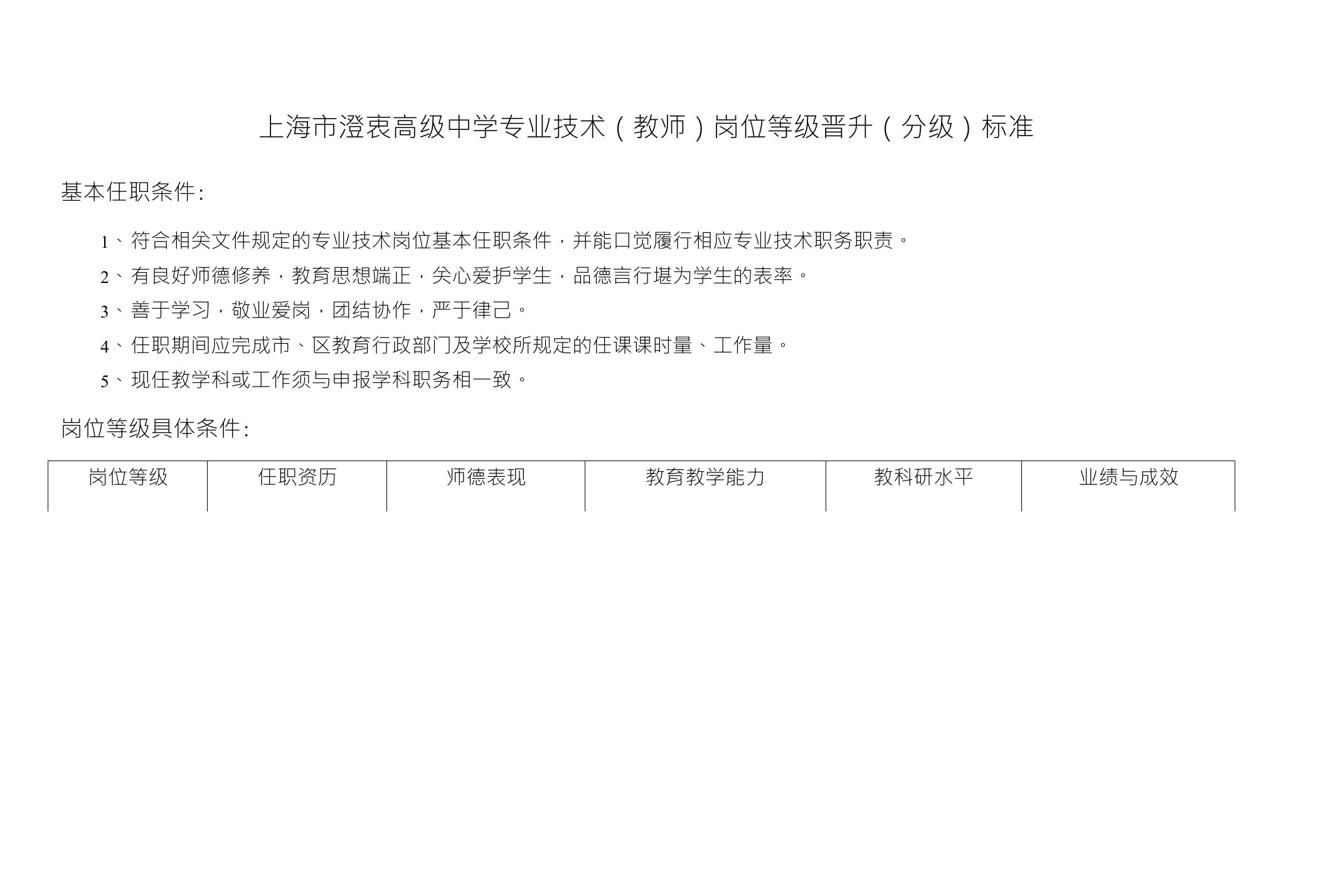 上海市澄衷高级中学专业技术（教师）岗位等级晋升（分级）标准