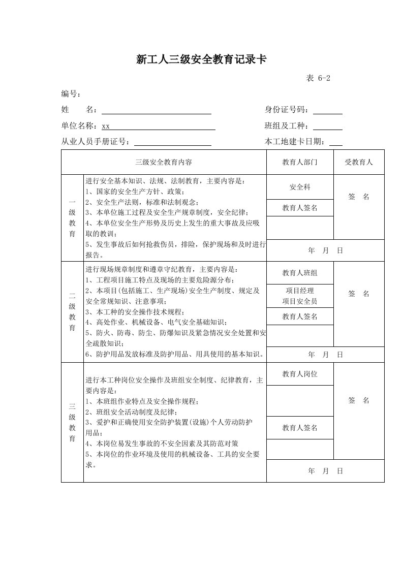 施工现场三级安全教育内容与表格