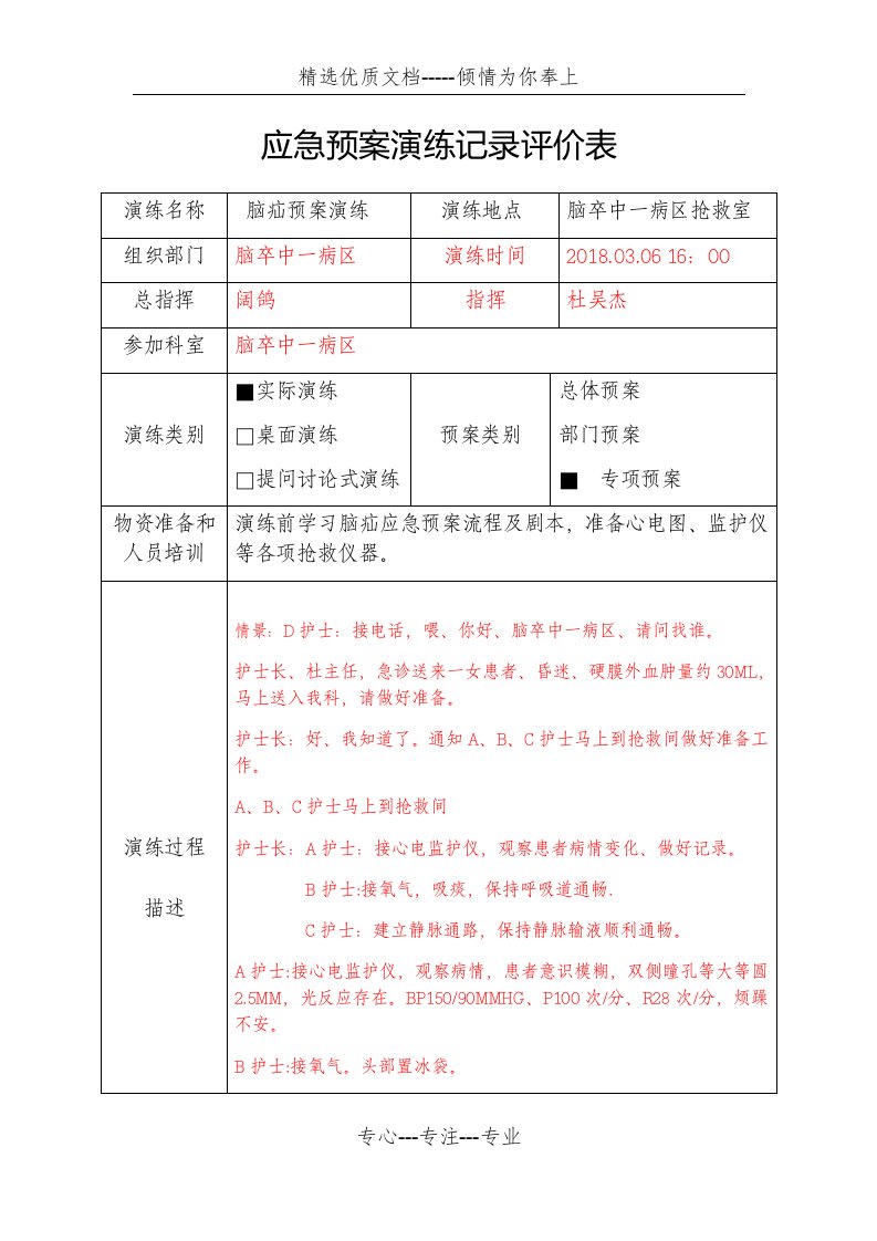 脑疝应急预案演练记录评价表(共4页)