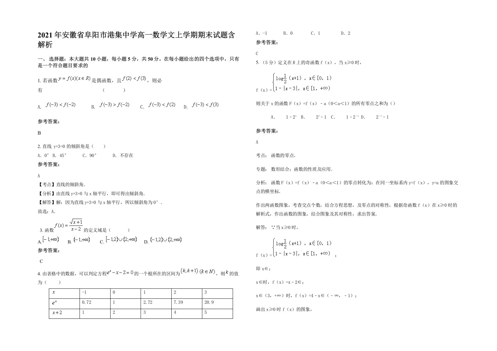 2021年安徽省阜阳市港集中学高一数学文上学期期末试题含解析