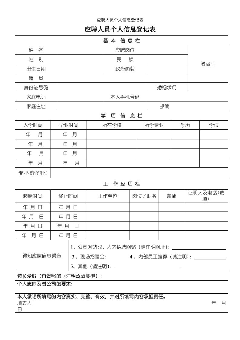 应聘人员个人信息登记表