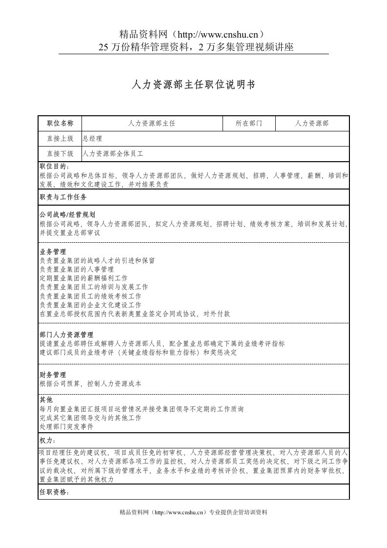 新奥置业集团人力资源部主任职位说明书