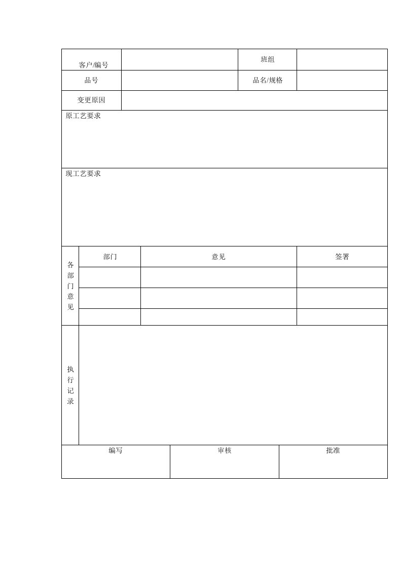 工艺变更通知单（表格模板、DOC格式）