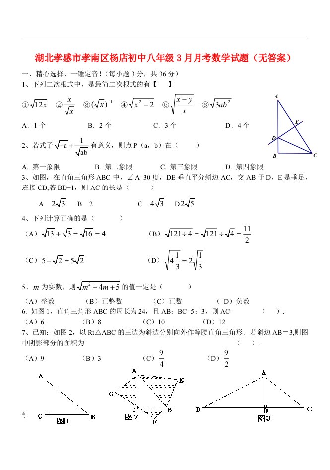 湖北孝感市孝南区杨店初中八级数学3月月考试题（无答案）