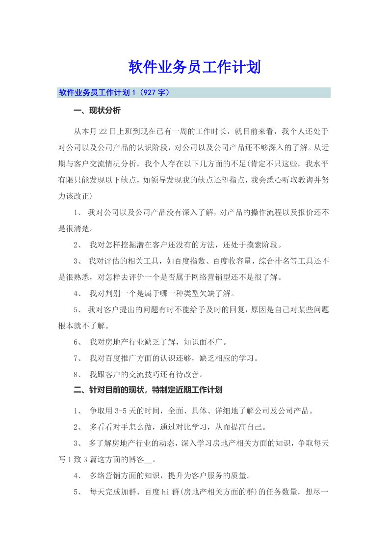 软件业务员工作计划