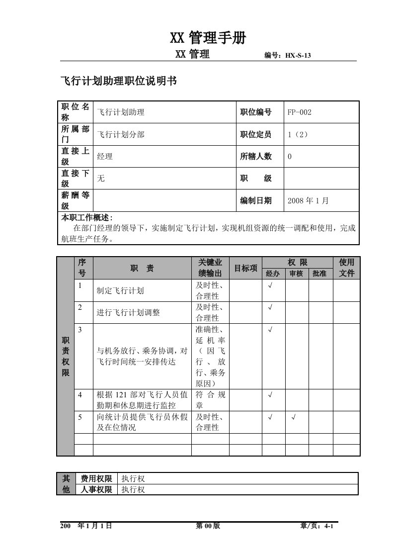 某航空物流公司飞行计划助理职位说明书及关键绩效标准