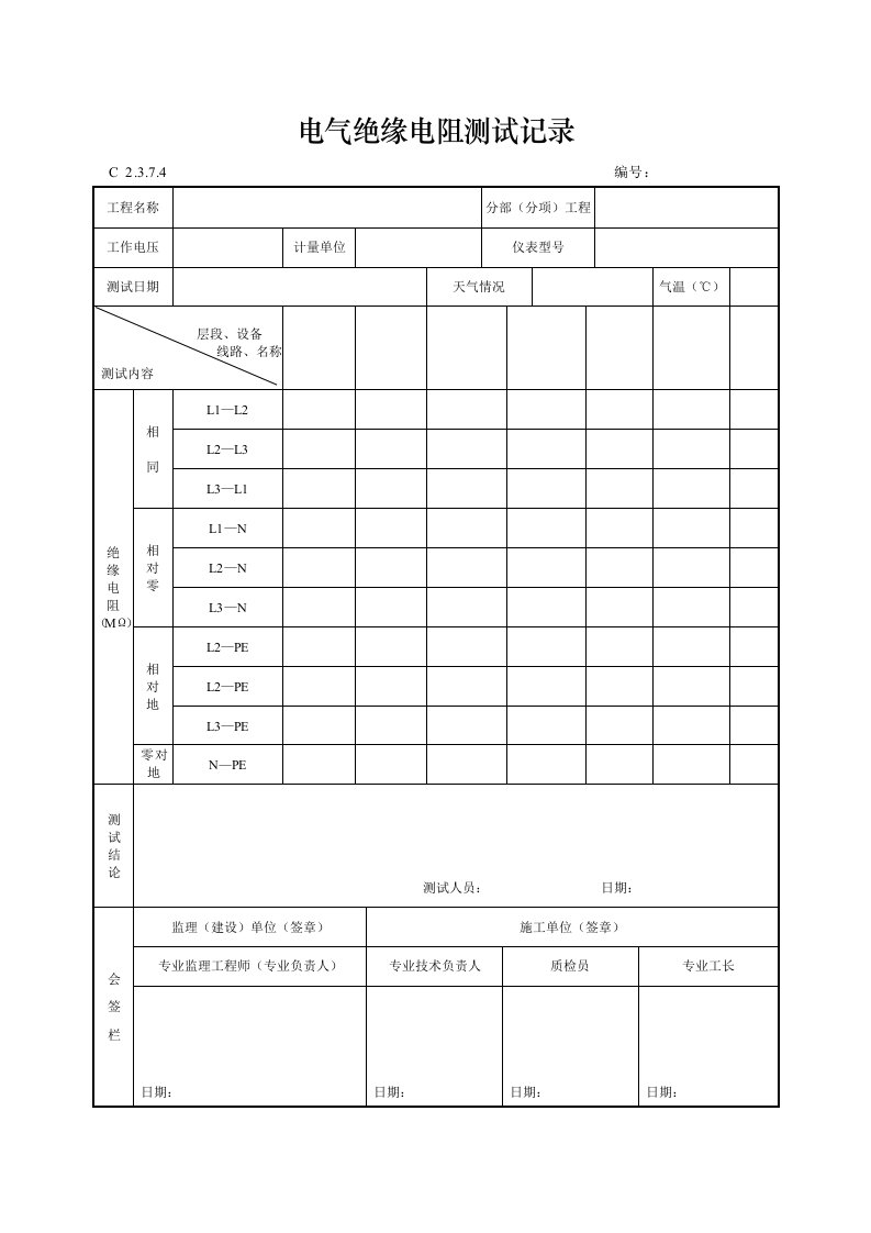 建筑工程-电气绝缘电阻测试记录