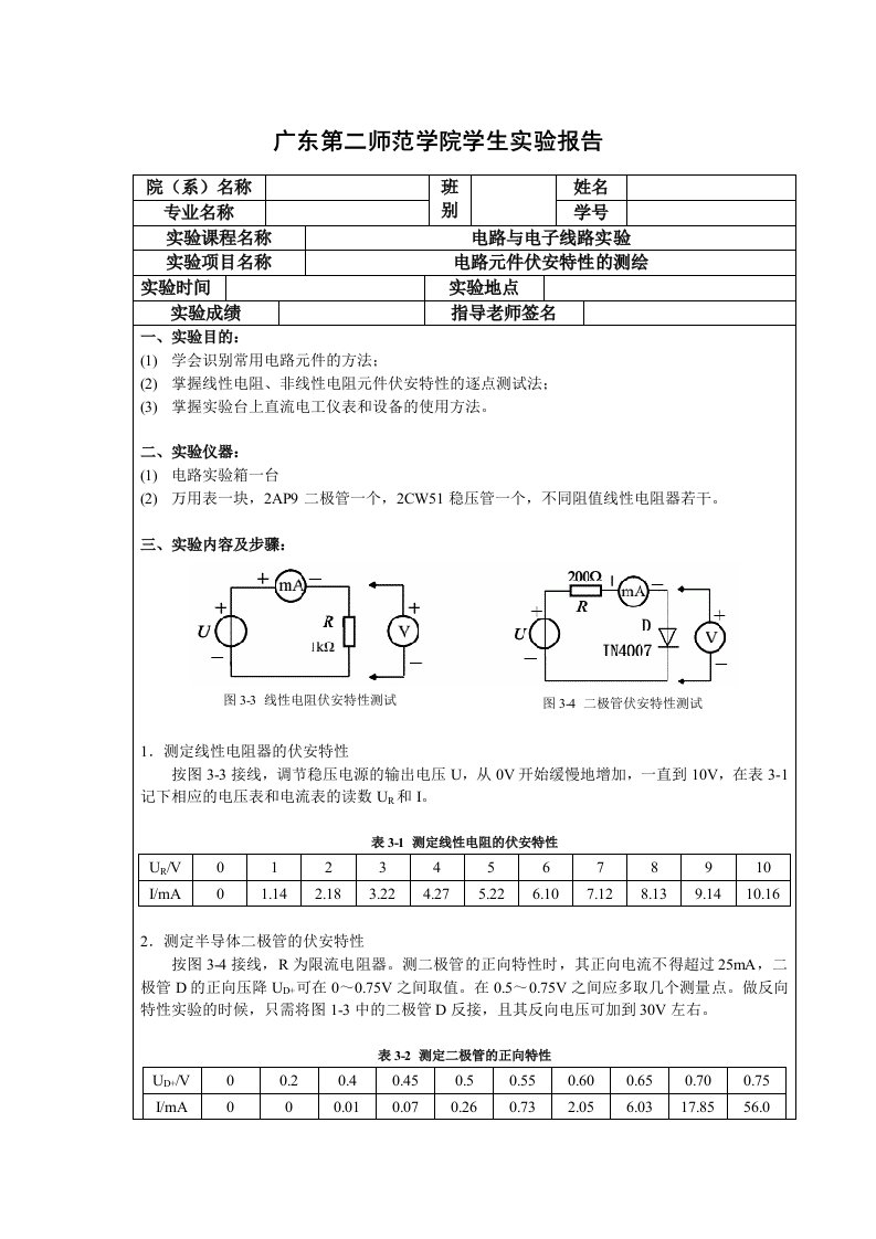 电路元件伏安特性的测绘实验报告