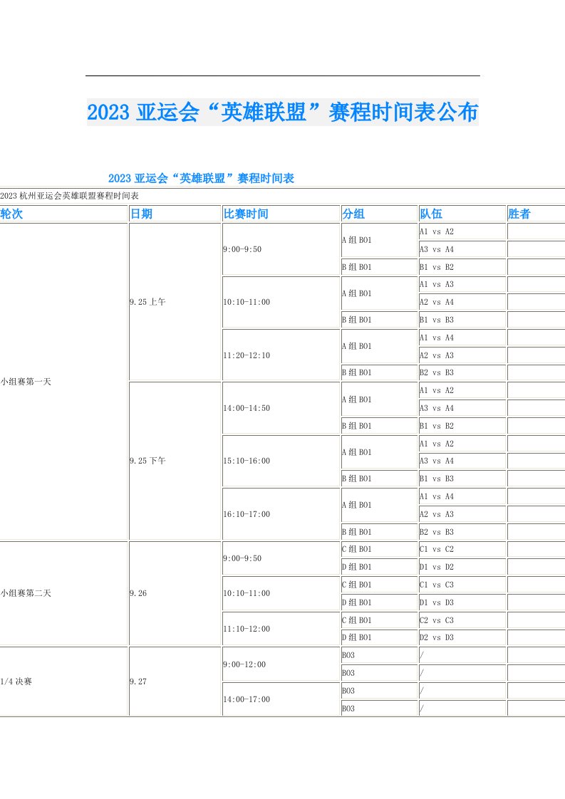 亚运会“英雄联盟”赛程时间表公布